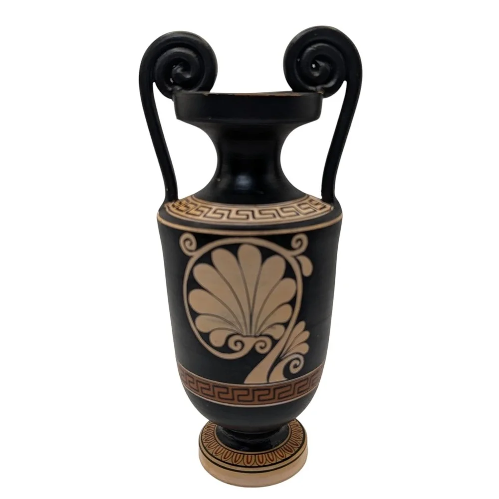 Greek Urn Vase Handmade Red Clay Pottery Grecian Warriors Double Handles SEE